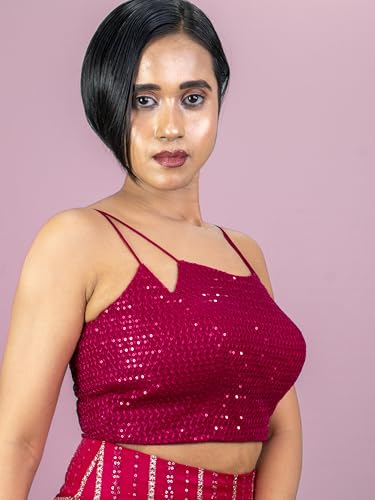 Image of FIGURE'S DESIGNER Women's Spagehtti Neck Strap Sequin Embroidered Sleeveless Readymade Saree Blouse E22