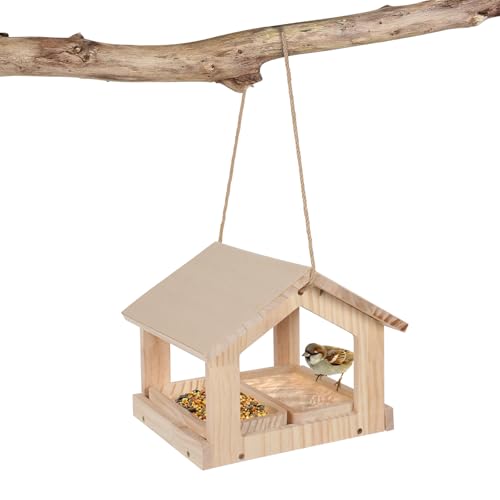 Vogelhäuschen mit Futterschale, Hängendes Futterhaus Holzfür den Außenbereich, Vogelhaus mit regenfester Aufkleber