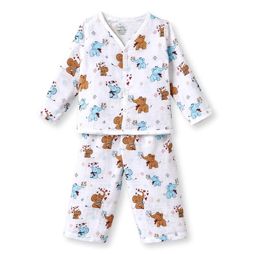 Image of The Boo Boo Club Kids 100% Cotton Muslin Printed V Neck Long Sleeve TopBottom Set | Night Suit for Baby Girl and Boy