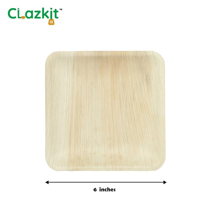 Image of Clazkit 25 Pack Areca Square Palm Leaf Plates| Like Wooden Bamboo | Eco Friendly, Biodegradable, Use and Throw Small Dona | for Serving Pasta, Soup & Snacks | Birthday, Wedding & Party (6 inch X 6 inch)