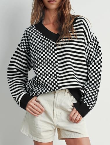 Image of UNCLECAT Womens Striped Checkered Sweater V Neck Fall Trendy Pullover Tops | Long Sleeve, Winter Clothes, Soft Jumpers, Business Casual Outfits, Cute, Fashion, Knitted Sweaters