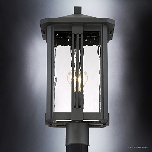 Urban Ambiance Luxury Craftsman Outdoor Post Light, Large Size: 20.25" H X 10.5" W, With Mid-Century Modern Style Elements, Vertical Stripes Design, Natural Black Finish And Water Glass, Uql1053 #TOP4