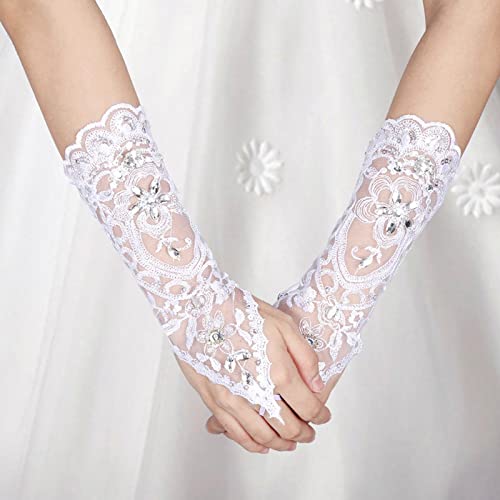 Guantes de encaje para novia blancos largos sin dedos con brillantes sexy 4