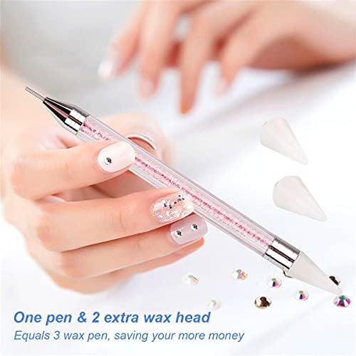 Dual-Ended Nail Rhinestone Picker Dotting Pen with Extra 2 Wax Head, FITDON Wax Tip Pencil for Jewel Gems Crystals Studs Pickup, Pink