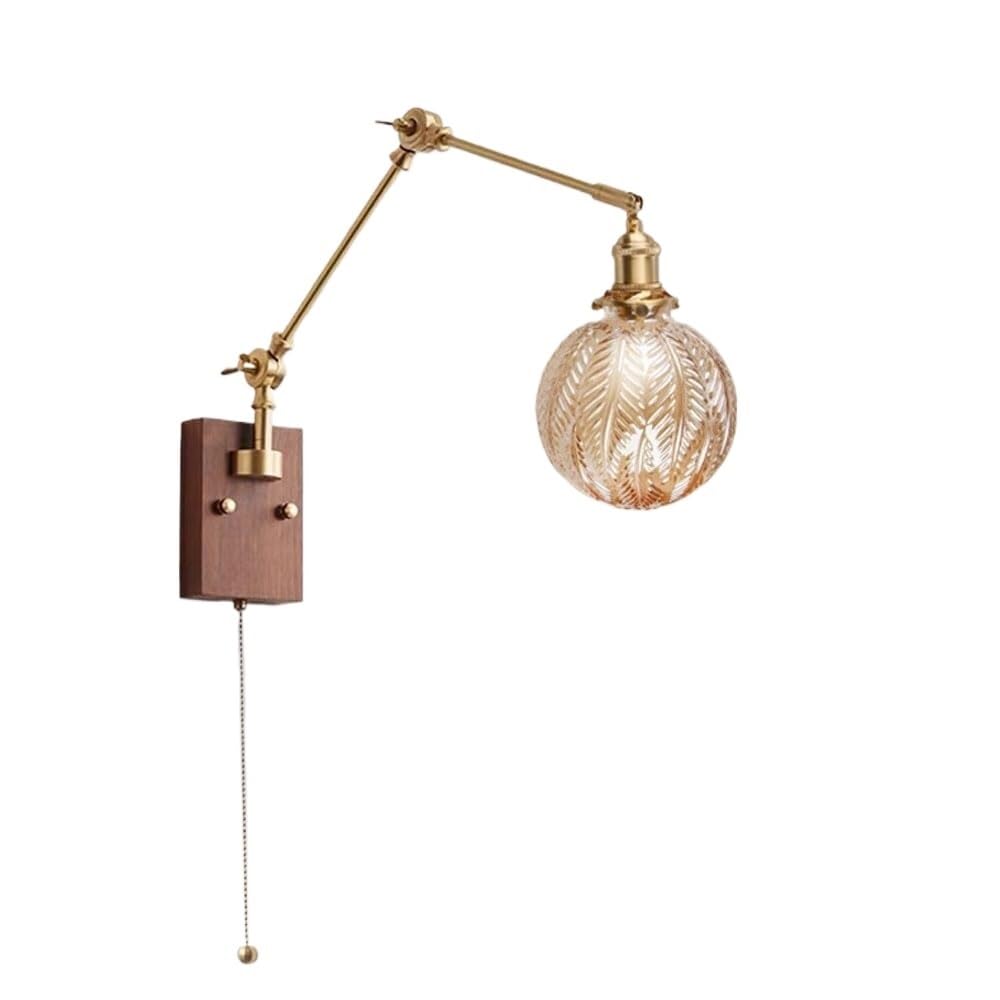 HPTHLY Swing Arm Wall Sconces With Pull Cswitch Vintage Globe Glass Wall Mount Lamp Retro Walnut Wood Wall Lights Fixture For Bedroom (Amber Shade)