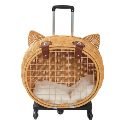 Cochecito para mascotas de ratán transpirable con ruedas y mango telescópico