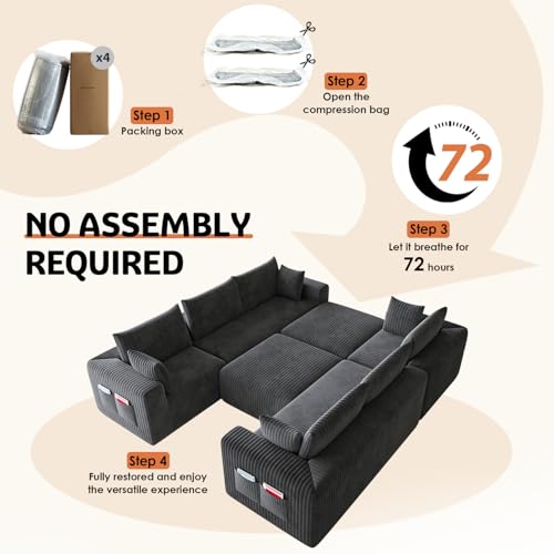 Image of 146 inch Boneless Couch Modular Sectional Sofa for Living Room, U-Shaped Cloud Couch with Deep Seat Chaise, No Assembly Required Foam Sleeper Sofa, Plush Corduroy Fabric, Dark Gray