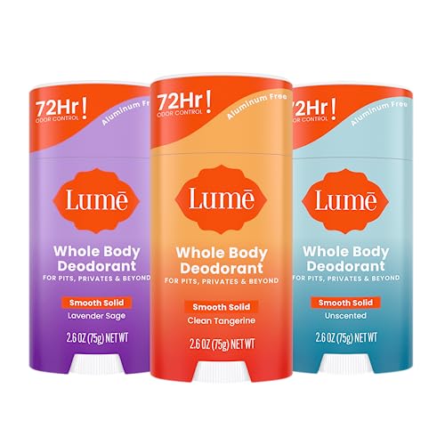 Image of Lume Whole Body Deodorant - Smooth Solid Stick - 72 Hour Odor Control - Aluminum Free, Baking Soda Free and Skin Safe - 2.6 Ounce (Pack of 3) (Clean Tangerine, Lavender Sage, Unscented)