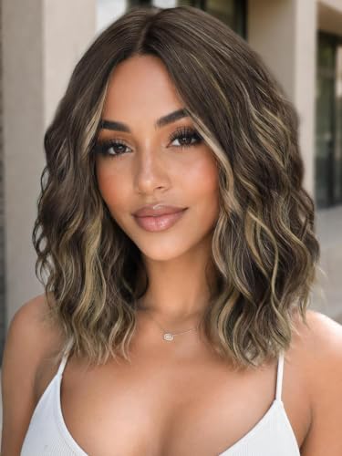 Image of Eawwii Wigs for Women Ash Brown Blonde,Short Wavy Synthetic Lace Wig