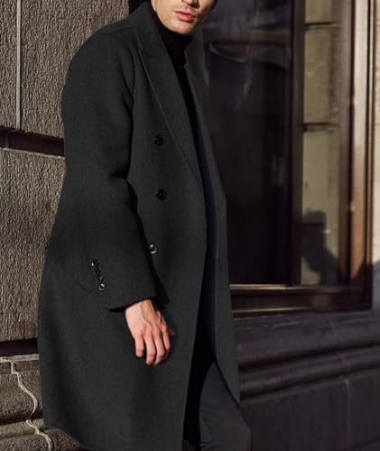 SOMTHRON Men's Casual Trench Coat Slim Fit Double Breasted Notched Collar Peacoat Winter Long Jacket Overcoat, Black, XL