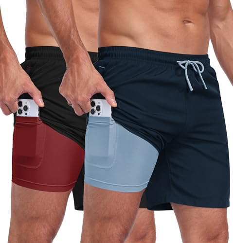 Zoofly Mens Swim Trunks 2 in 1 Board Shorts Quick Dry Swim Shorts with Zipper Pockets Surf Shorts with Compression Liner Black Navy Blue 3XL