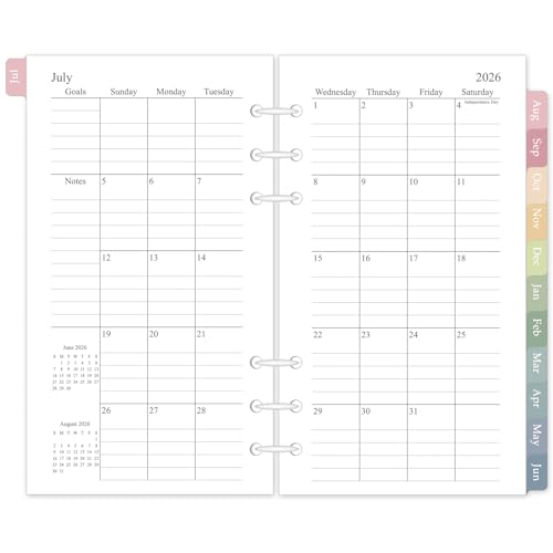 2026-2027 Monthly Planner Refill for A6 6-Ring Binders 3.8x6.8 Small Size Planner Inserts Jul. 2026 - Dec. 2027 18 Monthly Calendars with Colorful Laminated Tabs 6-Hole Punched