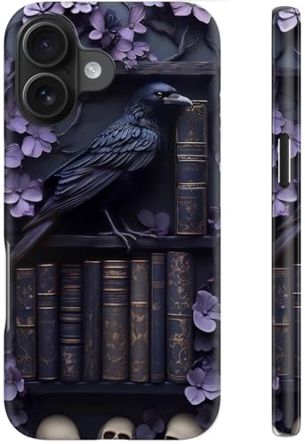 STARVIP for iPhone 16 Plus Case Cute–Wireless Charging Compatible – Dual-Layer Hard Shell + Silicone Cover - Trendy Design – Protective Phone Case for Women - Purple Gothic Raven Bookshelf