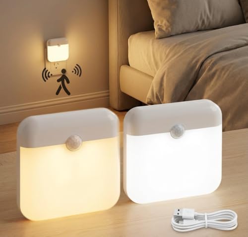 Luz Nocturna LED con Sensor de Movimiento Interior Inalámbrica USB Recargable 1 Unidad Luz Adhesiva Magnética 2 Colores Blanco Cálido para Escaleras Pasillos Armario Dormitorio Baño Cocina