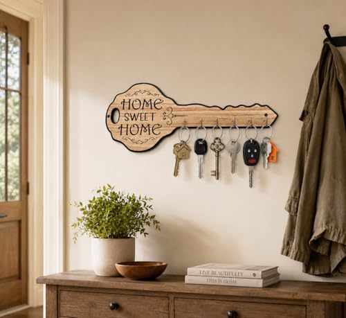 Image of Premium Home Sweet Home Wood Key Holder for Home Decor Stylish wall Hanhing Key (40 cm x 15 cm) 6 Hook - Decorative Items for Home Decor Natural Wood