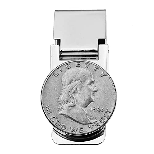 US 1963 Franklin Half Dollar 90% Silver Coin Hinged Money Clip NEW - Silver Plated Coin Bezel