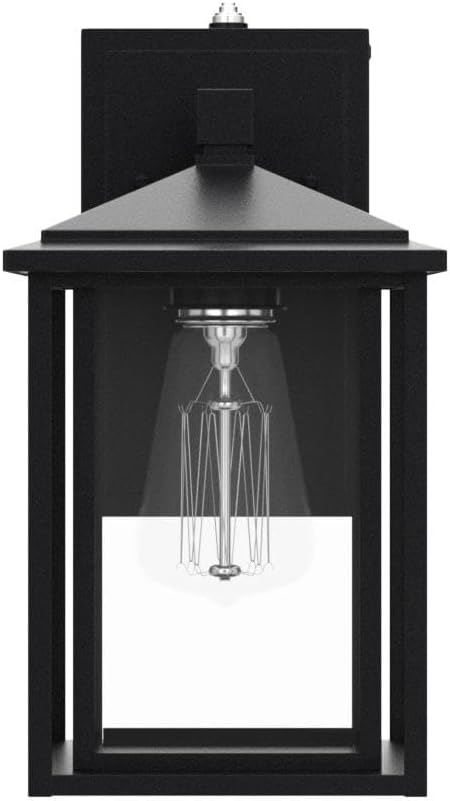 zeyu Modern Outdoor Porch Light with Built-in GFCI Outlet, Dusk to Dawn Exterior Wall Lantern with Die-Cast Aluminum, Black Finish with Clear Glass, 1951S-PC-G BK