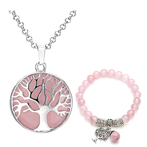 Jovivi Pendentif Collier Pierre Quartz Rose Naturelle Retro Arbre de la Vie + Bracelet 8mm en Alliage Pierre Precieuse d'Energie Rond Argent Accessoire Cadeau Bijoux fête de mère