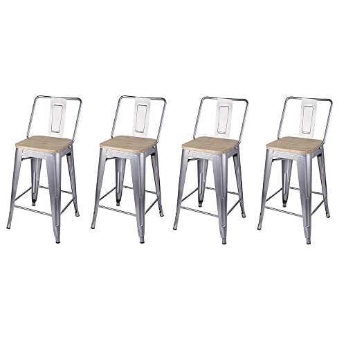 Gia 24-Inch Counter Height Middle Back Metal Stool Chair With Light Wood Seat, Silver, Set Of 4 #TOP17