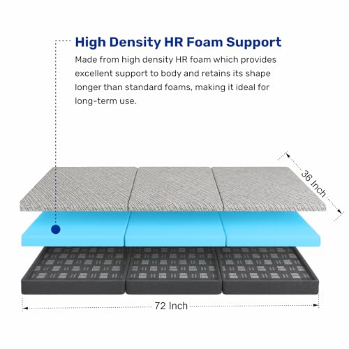 Image of Rhythm Lite Foldable Mattress for Floor Sleeping Tri Fold 6-Inch High Resilience HR Foam Medium Firm Back Pain Support Single Guest Travel Bed Lightweight Portable Compact 72x36