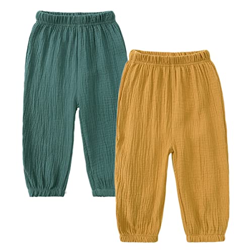 2er Pack Unisex Baby Kinder Pumphose Sommer Baumwoll Leinenhose Leichte Atmungsaktive Anti-Moskito Jogginghose Lässige Hose(Grün/Gelb,110)