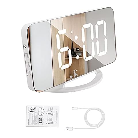 AUTUUCKEE LED Digital Alarm Clock Mirror Alarm Clock, 6" LED Display with Backlight Snooze Mode, USB Charging for Bedroom Living Room(White, White light) Cover