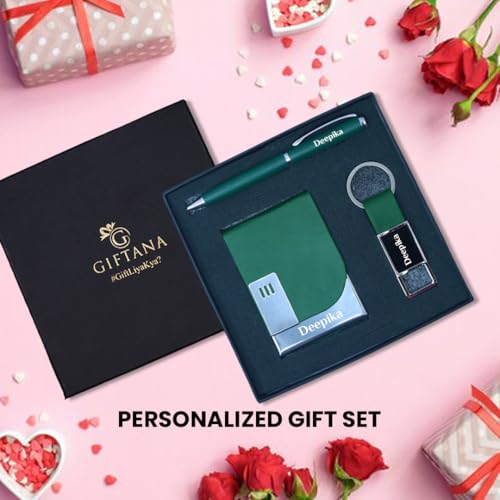 Image of Giftana Personalized Card Holder with Pen, Metal Keychain with Name, 3 in 1 Customized Pen, Card Holder Keychain Gift Set, Personalised Gifts for Husband, Corporate Gifts for Employee (Green)