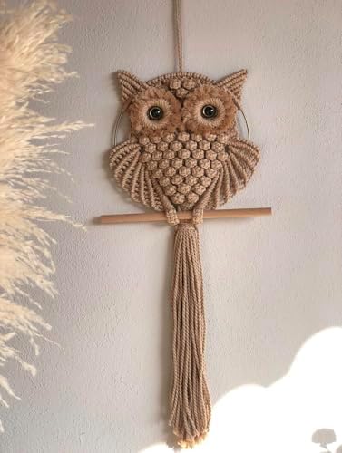 tms Bohemian Owl Macramé Wall Hanging - 12 x 23 Inch - Handcrafted Boho Home Décor with Natural Elements - Boho Chic Accent for Home, Office, or Living Room (Beige)