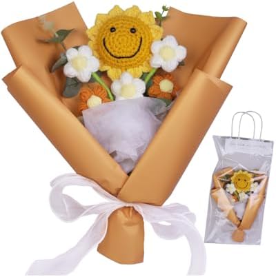 Flor de crochê feita à mão, buquê de flores de crochê com girasso...