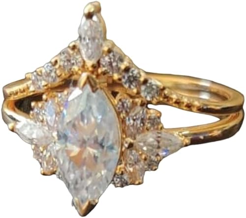 Ssjewel - Juego de anillos de boda de 1 pieza con diamantes de talla marquesa vintage, inspirador de la naturaleza, hermoso juego de anillos de boda