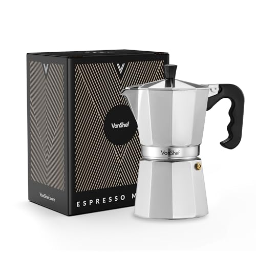 VonShef Espressokanne für den Herd, 300 ml Italienischer Espressokocher aus Aluminium für Gas- & Elektroherd - Mokkakanne für 6 Tassen mit Ersatz-Dichtung und -Filter