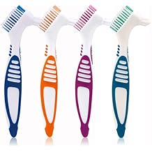 Denture Brush, 4 Pieces Small Toothbrush for Dentures, Multi-Layered Bristles Ergonomic Rubber Handle for False Teeth Cleaning