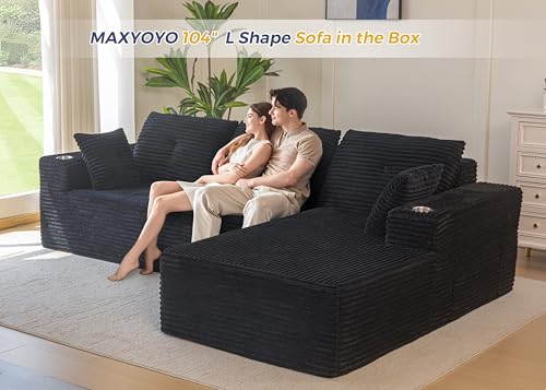 Image of MAXYOYO 104 inch Modular Sectional Couch with L-Shape Chaise, Modern Boneless Couch for Living Room, Sofa in A Box, Oversized Sofa with Deep Seat, No Assembly Required, Black