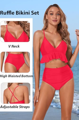 Image of Women Ruffle Bikini Set High Waisted Tummy Control Two Piece Swimsuits | Ruffle,High Waisted,Tummy Control,Removable Bra Pads,Adjustable Shoulder Straps,Full Coverage