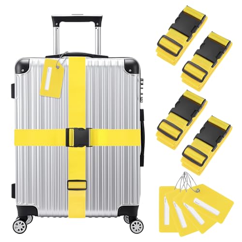 Image of M METERXITY 4-Sets Luggage Straps TSA Approved, Travel Straps for Luggage Suitcase Tags Set, Adjustable Suitcase Belt [Yellow]