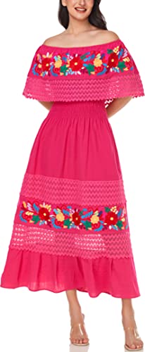 Image of YZXDORWJ Women Embroidered Mexican Peasant Casual Sexy Lace Off-Shoulder Long Dress