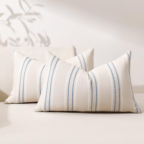 Image of Hckot Throw Pillow Covers 12x20 Set of 2 Blue Pillow Covers Farmhouse Decorative Pillows Textured Linen Square Cushion Covers for Sofa Couch Bed Living Room Decor(Lake Blue)