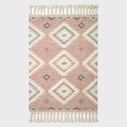 Tapis kilim en laine pour sol froid, tapis rose artisanal Homescapes 120x170