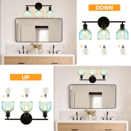 Image of Bathroom Light Fixtures, 3-Light Brushed Black Vanity Lights for Bathroom with Blue Tulip Glass Shade, 20 inch Vintage Bathroom Vanity Lighting Fixtures Over Mirror for Bedroom Living Room Hallway