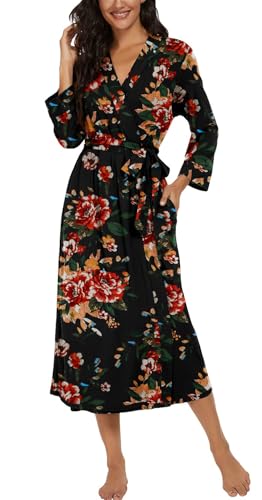 Image of VINTATRE Robes for Women Long Knit Bathrobe XS-4XL | 3 /4 Sleeve Bathrobes with Pockets, Stretchy and Lightweight Fabric, Inner Tie and Fixed Outer Matching Belt, Mid Calf Length