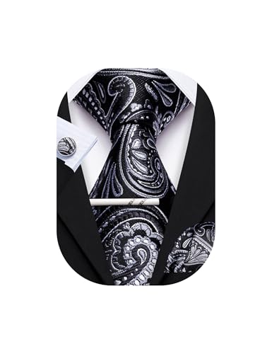 YOHOWA Grey Black Tie for Men with Tie Clip Paisley Silk Necktie Pocket Square Cufflinks Set Formal Wedding Party Business