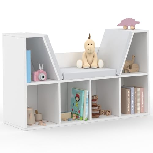 IDMarket - Bibliothèque Banc Oscar 6 Cases avec Coussins Gris 102 cm Blanc