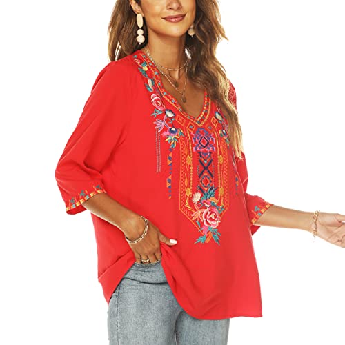 LauraKlein Women's Summer Boho Embroidery Mexican Bohemian Tops V Neck 3/4 Sleeve Causal Loose Shirt Blouse Tunic4