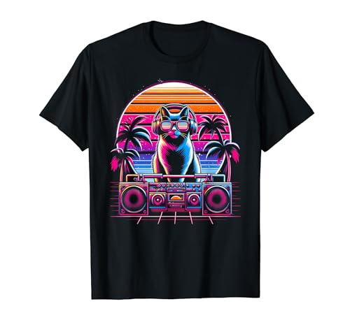 House DJ Cat 80s 90s Sunset Rainbow DJ Cat Men Women Kids T-Shirt