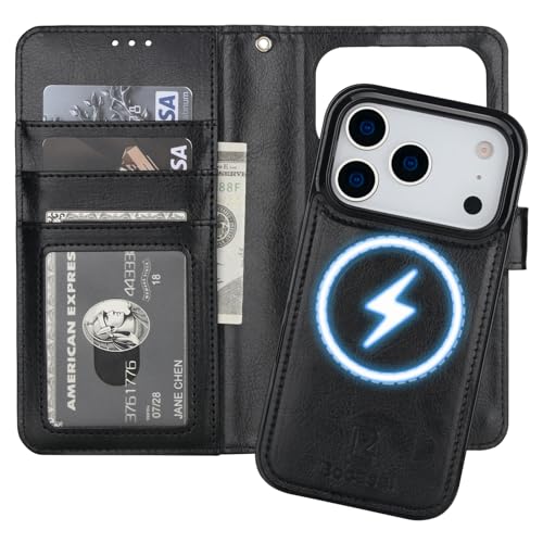 Bocasal for iPhone 17 Pro Wallet Case Compatible with MagSafe Wireless Charging, RFID Blocking Magnetic Leather Case with Card Slots Holder Kickstand Detachable Wrist Strap 6.3 Inch (Black)