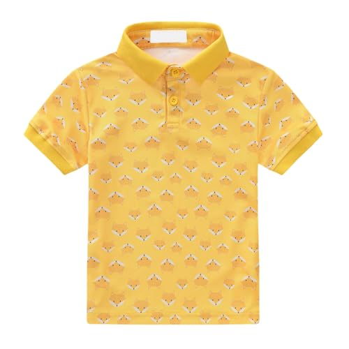 Boys Girls Kids 𝐏𝐨𝐥𝐨 Shirt Short Sleeve Graphic Tee Summer Button Up Collar Casual Tops, (Yellow, 18-24 Months)