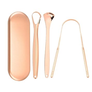 Metal Tongue Scrapers, 3 Piece Set Stainless Steel Tongue Scrapers with Storage/Travel Case - Oral Hygiene Metal Tongue Cleaners Rose Gold