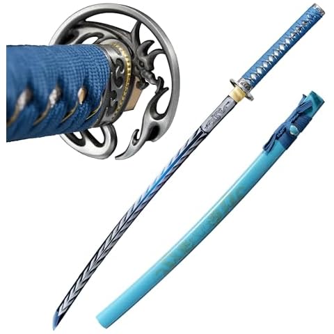 Japanese Samurai Katana Sword Real,41 inch 1060/1095 High Carbon Steel Full Tang Metal,for Man Gift Cosplay Decoration Blue Cover