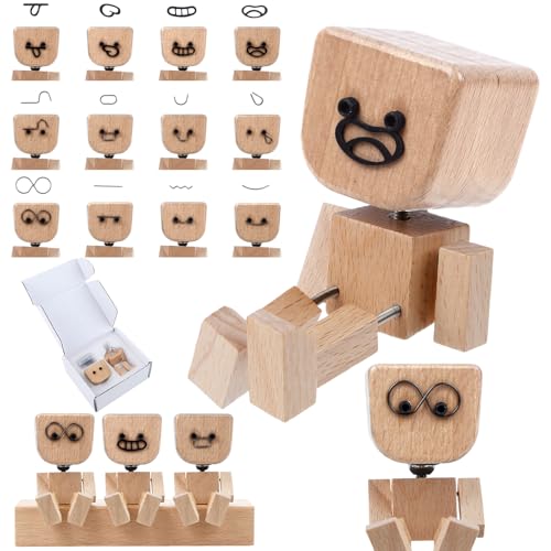 Wackelnde Holzfigur Schüttelmann- Handgefertigter Wackelfigur mit 12 Ausdrücke Lustig Wackelnder Holzmann Auto Deko Innenraum Holzmännchen mit Wackelbeinen für Armaturenbrett Schreibtisch Figurine