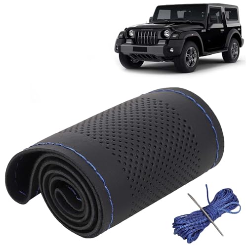 Image of KINGSWAY PU Leatherite Car Steering Cover Sewable Compatible with Mahindra Thar (Year 2020 Onwards), Black Color with Blue Thread, Pack of 1 with Sewing Needle and Thread
